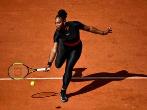 Serena Williams plays a forehand return to Kristyna Pliskova during their women's singles on Day 3 of the 2018 French Open on May 29, 2018.
