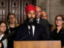 NDP Leader Jagmeet Singh speaks outside the House of Commons on May 3, 2018.