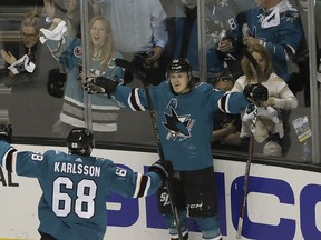 San Jose Sharks left wing Marcus Sorensen, right, from Sweden, celebrates with right wing Melker Karlsson (68), from Sweden, after scoring a goal against the Vegas Golden Knights during the first period of Game 4 of an NHL hockey second-round playoff series in San Jose, Calif., Wednesday, May 2, 2018.