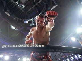 Adam Piccolotti celebrates after defeating Carrington Banks in a lightweight mixed martial arts fight at Bellator 199 in San Jose, Calif., Saturday, May 12, 2018.