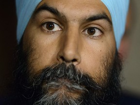 NDP Leader Jagmeet Singh speaks to reporters in the foyer of the House of Commons on Parliament Hill in Ottawa on Wednesday, May 9, 2018.
