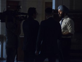 Innovation, Science and Economic Development Minister Navdeep Bains speaks to reporters on Parliament Hill in Ottawa on Wednesday, May 9, 2018. Bains says he was asked to remove his turban after a problem at a security checkpoint in the Detroit airport a year ago.THE CANADIAN PRESS/Sean Kilpatrick