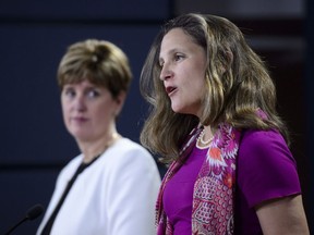 Foreign Affairs Minister Chrystia Freeland and International Development Minister Marie-Claude Bibeau announce Canada's response to the Rohingya crisis in Ottawa on May 23, 2018.