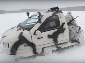 A screenshot from a Russian army promotional clip for its newest fighting snowmobile.