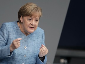 German Chancellor Angela Merkel, delivers a speech during a meeting of the German federal parliament, Bundestag, at the Reichstag building in Berlin, Germany, Wednesday, May 16, 2018.