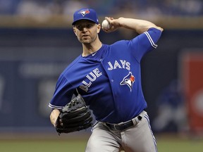 Toronto Blue Jays' J.A. Happ pitches to the Tampa Bay Rays during the first inning of a baseball game Friday, May 4, 2018, in St. Petersburg, Fla.