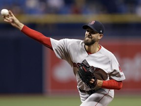 Boston Red Sox starting pitcher Rick Porcello delivers to the Tampa Bay Rays during the first inning of a baseball game Thursday, May 24, 2018, in St. Petersburg, Fla.