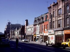 A view of Yonge Street, south of Wellesley, in the early 1970s. The view includes the Parkside Tavern as well as the St. Charles Tavern, which was below the clock tower.