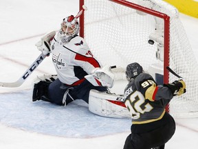 Vegas Golden Knights forward Tomas Nosek scores on Washington Capitals goalie Braden Holtby in Game 1 of the Stanley Cup final on May 28.