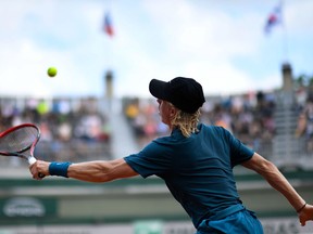 Canada's Denis Shapovalov plays a forehand return to Germany's Maximilian Marterer at the French Open on May 31.