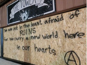 The Tower posted a photo of the boarded up window on their Instagram page with the caption: "Durruti quote on the front of our building. Our projects, ideas and people involved are far more resilient than a few broken windows."