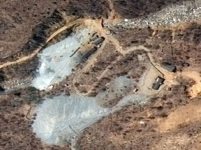 This April 20, 2018, satellite image provided by DigitalGlobe shows the nuclear test site in Punggye-ri, North Korea.