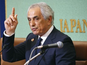 FILE - In this April 27, 2018, file photo, former Japanese national soccer coach Vahid Halilhodzic speaks during his press conference in Tokyo. Halilhodzic filed a suit on Thursday, May 24, 2018,  in Tokyo against the Japan Football Association, saying the dismissal damaged his honor and reputation.