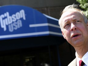 FILE - In this Aug. 25, 2011 file photo, Gibson Guitar CEO Henry Juszkiewicz speaks at the plant in Nashville, Tenn. The maker of the Gibson guitar, an omnipresent icon in American rock 'n' roll, is filing for bankruptcy protection after wrestling for years with burdensome debt.