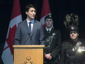 Prime Minister Justin Trudeau speaks to the troops of the Voltigeurs de Quebec on Saturday, May 12, 2018 in Quebec City.