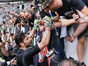 Juventus goalie Gianluigi Buffon greets supporters prior to the Serie A soccer match between Juventus and Hellas Verona, at the Allianz Stadium in Turin, Italy, Saturday, May 19, 2018. Juventus captain Gianluigi Buffon played his last match for the Italian champion on Saturday and has put off retirement to consider offers to play overseas.