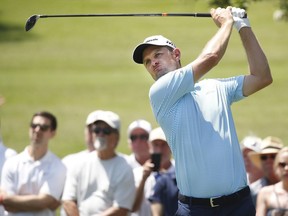 Justin Rose tees off on No. 7 during the second day of the Fort Worth Invitational golf tournament at Colonial in Fort Worth, Texas, Friday, May 25, 2018.