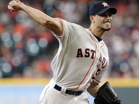 Houston Astros starting pitcher Charlie Morton throws against the Texas Rangers during the first inning of a baseball game Saturday, May 12, 2018, in Houston.