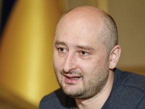 Russian journalist Arkady Babchenko speaks during an interview with foreign media in Kiev, Ukraine, Thursday, May 31, 2018.
