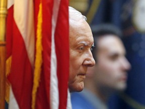 FILE - In this Feb. 21, 2018, file photo, Sen. Orrin Hatch, R-Utah, looks on during a visit to Utah Senate at the Utah State Capitol, in Salt Lake City. Retiring Hatch is looking to cement his legacy after more than 40 years in Washington as he unveils plans for a think tank and library bearing his name in Salt Lake City.