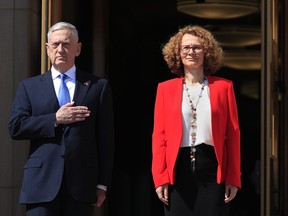 Secretary of Defense Jim Mattis puts his hand over his heart as the Star-Spangled Banner is played during a ceremony welcoming Macedonian Defense Minister Radmila Sekerinska at the Pentagon, Tuesday, May 1, 2018.