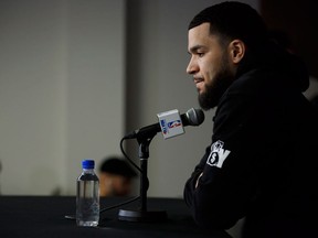 Toronto Raptors' Fred VanVleet reacts during an end-of-year press conference at the BioSteel Centre on May 8, 2018