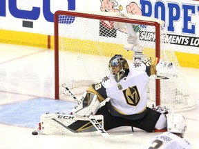 Vegas Golden Knights goalie Marc-Andre Fleury makes a save against the Winnipeg Jets on May 12.