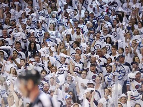 Winnipeg Jets fans celebrate their Game 1 win over the Vegas Golden Knights on May 12.