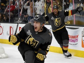 Tomas Nosek of the Vegas Golden Knights celebrates what proves to be the game-winning goal late in the third period of Monday's Game 1 of the Stanley Cup final in Las Vegas. Nosek added an empty-net goal to gives Vegas a 6-4 victory. Game 2 is Wednesday also in Las Vegas.