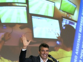 Switzerland's Massimo Busacca, FIFA-director of the Department of Refereeing Developments speaks during a media conference regarding the Video Assistant Referee (VAR) at a hotel in Brussels on Tuesday, May 8, 2018.