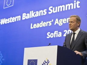 European Council President Donald Tusk speaks during a media conference prior to an EU-Western Balkans summit at the National Palace of Culture in Sofia, Bulgaria, Wednesday, May 16, 2018.