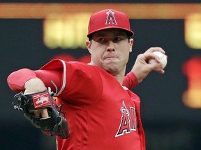 Los Angeles Angels starting pitcher Tyler Skaggs throws to a Seattle Mariners batter during the first inning of a baseball game Saturday, May 5, 2018, in Seattle.