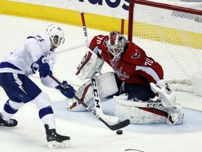 Washington Capitals' goaltender Braden Holtby stares down Tampa Bay Lightning Anthony Cirelli during Game 6 action in the Eastern Conference final Monday night in Washington. Holtby made 23 saves to record the shutout in a 3-0 Capitals win, sending the series to a Game 7 on Wednesday in Tampa.