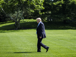 U.S. President Donald Trump walks safely across the sinkhole-free South Lawn of the White House earlier this month.