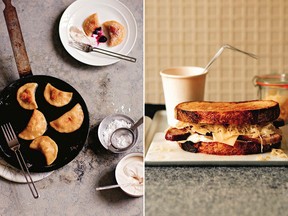 Pierogi with blueberries and cinnamon whipped cream, left, and Ren's Reuben