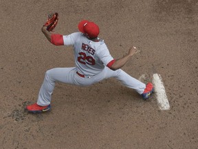 St. Louis Cardinals starter Alex Reyes throws during the first inning of a baseball game against the Milwaukee Brewers Wednesday, May 30, 2018, in Milwaukee.