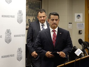 Milwaukee Police Chief Alfonso Morales arrives to speak to reporters Wednesday, May 23, 2018, in Milwaukee.  Morales apologized to Milwaukee Bucks guard Sterling Brown for officers' actions during a January arrest that included use of a stun gun, and said some officers had been disciplined.