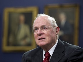 FILE - In this March 23, 2015, file photo, Supreme Court associate justice Anthony Kennedy testifies before a House Committee on Appropriations Subcommittee on Financial Services hearing on Capitol Hill in Washington. Kennedy is giving no signs that he's about to retire, but that hasn't eased liberals' anxiety or deflated conservative hopes that the 81-year-old justice will step down soon, giving President Donald Trump the opportunity to name a successor before the midterm elections.