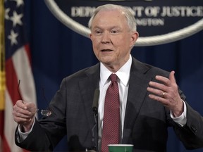 FILE - In this March 2, 2017, file photo, Attorney General Jeff Sessions speaks during a news conference at the Justice Department in Washington, where he said he will recuse himself from a federal investigation into Russian interference in the 2016 White House election. President Donald Trump, still nursing resentment against Sessions for recusing himself from the Russia investigation, says he wishes he'd picked a different leader of the Justice Department.