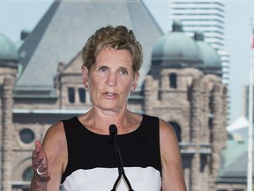 Ontario Liberal leader Kathleen Wynne speaks to the media while making a campaign stop in Toronto on Monday, May 28, 2018. “This is not an abstract issue,” Wynne told reporters, gravely. “The NDP blocked legislation that would have had York University students back in class weeks ago. And there are thousands of students who are being impacted by this as we stand here today.”