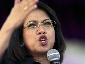 Ousted Philippine Supreme Court Chief Justice Maria Lourdes Sereno gestures during a forum at the Integrated Bar of the Philippines in Pasig, metropolitan Manila, Philippines on Thursday, May 17, 2018. The Philippine Supreme Court recently ousted its chief justice, a critic of Philippine President Rodrigo Duterte, in an unprecedented vote by fellow magistrates that she and hundreds of protesters called unconstitutional and a threat to democracy.