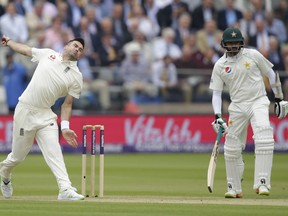England's James Anderson bowls to Pakistan's Haris Sohail during the second day of play of the first test cricket match between England and Pakistan at Lord's cricket ground in London, Friday, May 25, 2018.