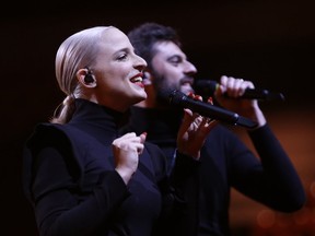 Madame Monsieur from France performs the song 'Mercy' in Lisbon, Portugal, Wednesday, May 9, 2018 during a dress rehearsal for the Eurovision Song Contest. The Eurovision Song Contest semifinals take place in Lisbon on Tuesday, May 8 and Thursday, May 10, the grand final on Saturday May 12, 2018.