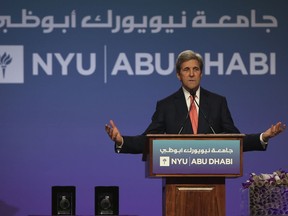 Former U.S. Secretary of State, John Kerry, talks during the New York University Abu Dhabi (NYUAD) fifth edition of the Commencement Exercises, in Abu Dhabi, United Arab Emirates, Sunday, May 20, 2018.