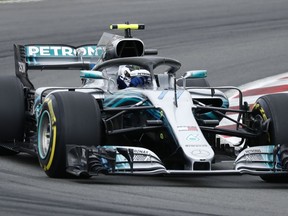 Mercedes driver Valtteri Bottas of Finland steers his car during the third free practice for the Spanish Formula One Grand Prix at the Barcelona Catalunya racetrack in Montmelo, Spain, Saturday, May 12, 2018. The Spanish Formula One Grand Prix will take place on Sunday.