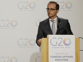 German Foreign Minister Heiko Maas attends a press conference at the G20 foreign ministers meeting in Buenos Aires, Argentina, Monday, May 21, 2018.