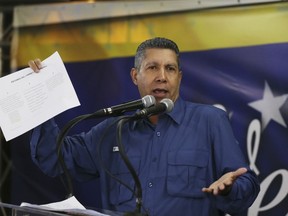 Anti-government presidential candidate Henri Falcon addresses supporters in Caracas, Venezuela, Sunday, May 20, 2018. Falcon said that the presidential election was marred by irregularities and lacks legitimacy.