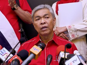 Former Malaysian Deputy Prime Minister Ahmad Zahid Hamidi speaks during a press conference in Kuala Lumpur, Malaysia, Monday, May 14, 2018. Ahmad Zahid Hamidi had taken over as United Malays National Organization (UMNO) president after Najib Razak told a news conference on Saturday that he was stepping down as president of the UMNO and as chairman of the National Front coalition.