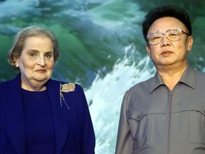 FILE - In this Oct. 23, 2000 file photo, North Korean Leader Kim Jong Il, right, and U.S. Secretary of State Madeleine Albright stand side by side at the Pae Kha Hawon Guest House in Pyongyang, North Korea.