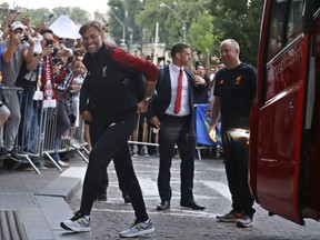 Liverpool manager Jurgen Klopp as the team arrive at the team's hotel in Kiev, Ukraine, Thursday, May 24, 2018. Liverpool will play Real Madrid in the Champions League final soccer match in Kiev on Saturday May 26.